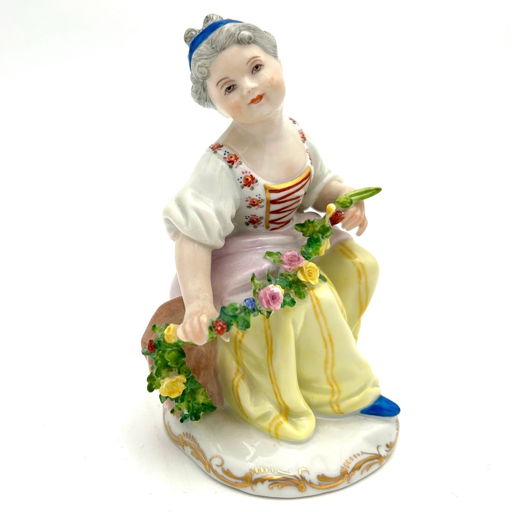 Vintage Augarten Hand Painted Porcelain Figure Girl Seated With Flower Garland